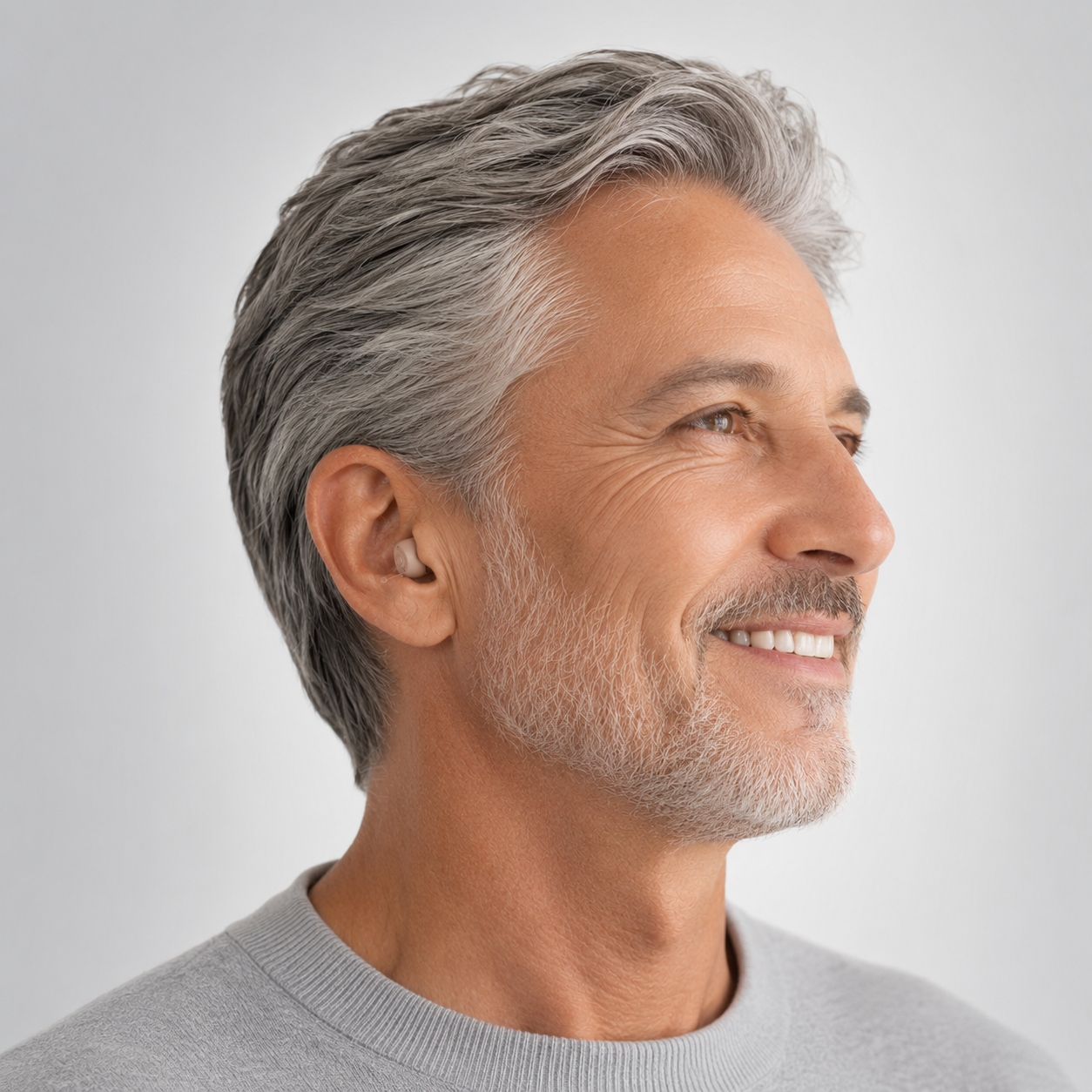 Homem com aparelho auditivo discreto